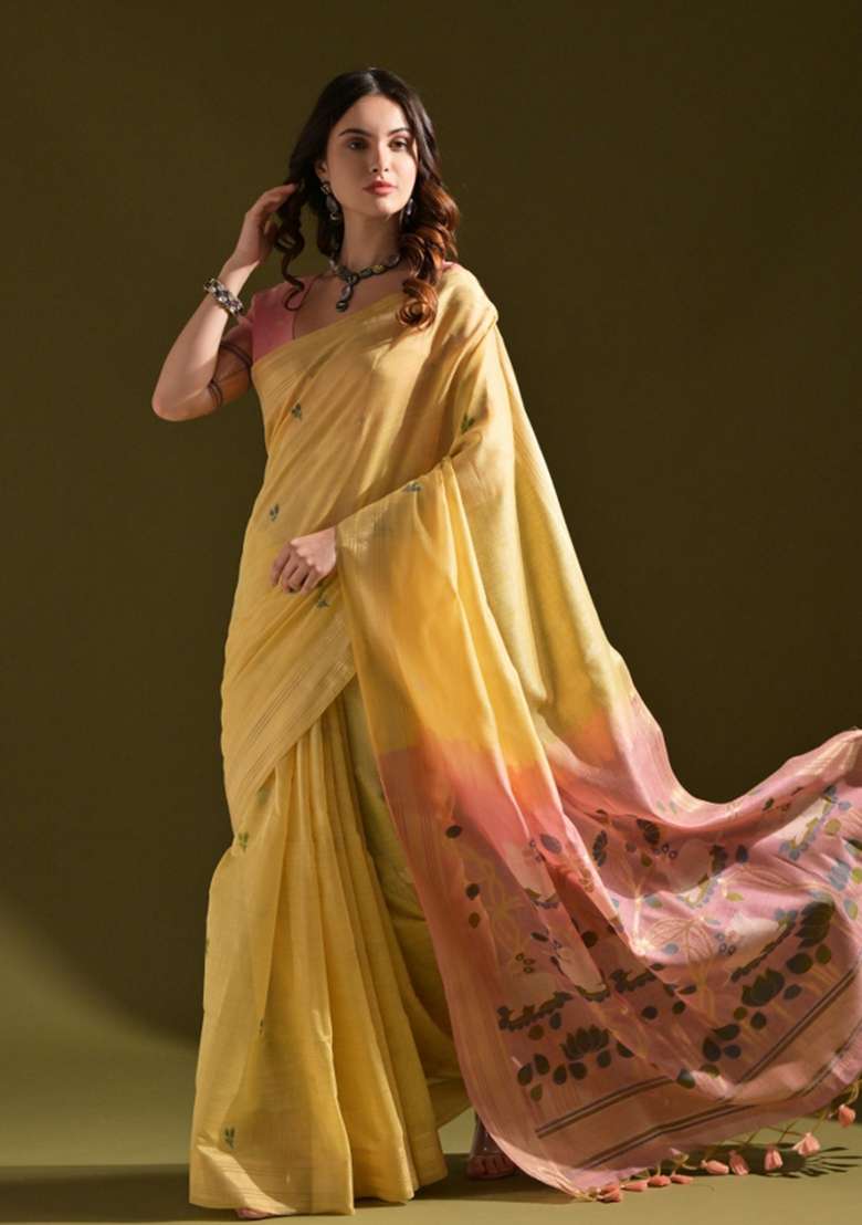 Yellow Cotton Saree Set with Embroidered for Diwali | Wedding & Festive Wear - Indya