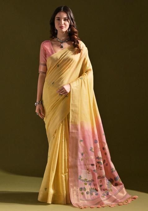 Yellow Embroidered Cotton Saree Set