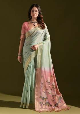 Green Embroidered Cotton Saree Set for Diwali and Festive Wear