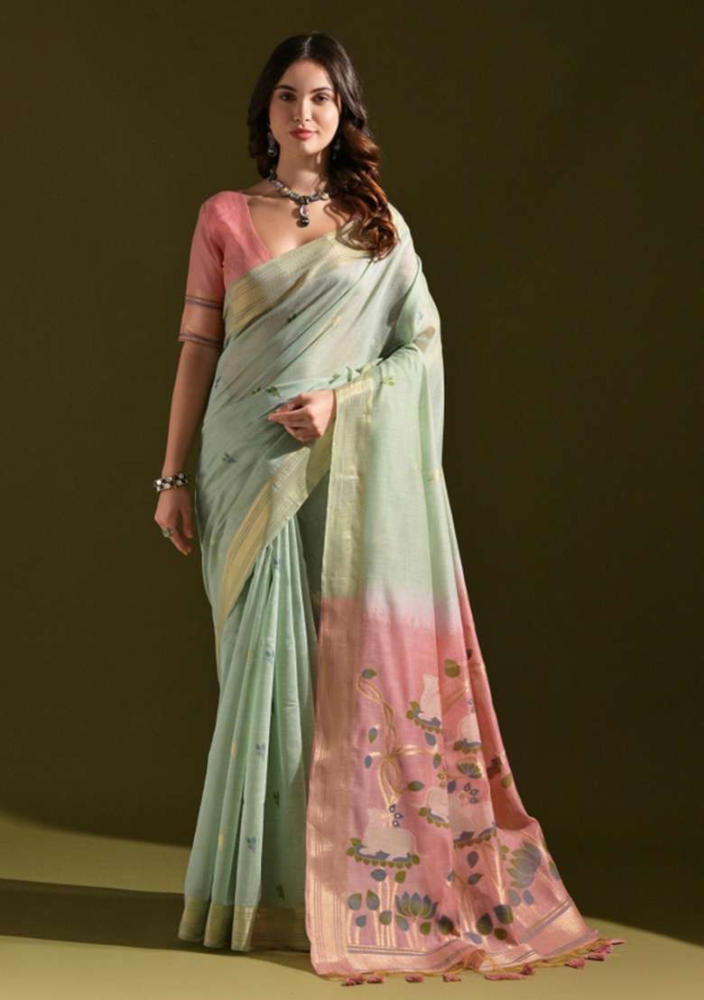 Green Embroidered Cotton Saree Set for Diwali and Festive Wear - Indya