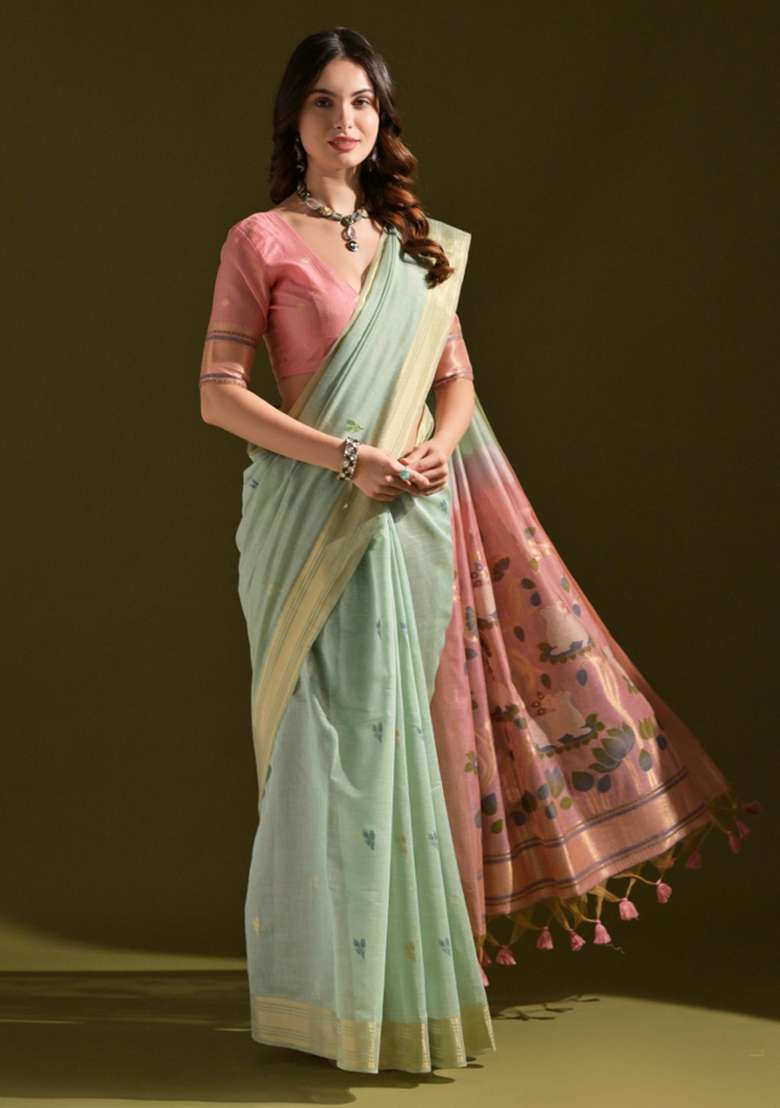 Green Embroidered Cotton Saree Set for Diwali and Festive Wear - Indya