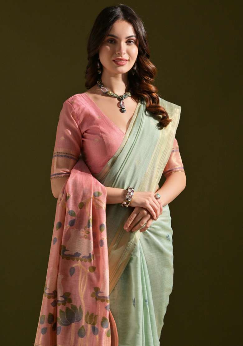 Green Embroidered Cotton Saree Set for Diwali and Festive Wear - Indya