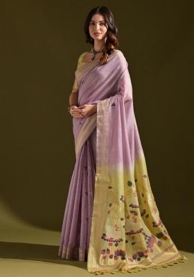 Purple Embroidered Cotton Saree Set