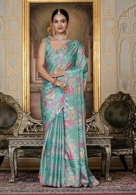 Green Printed Chinon Saree Set