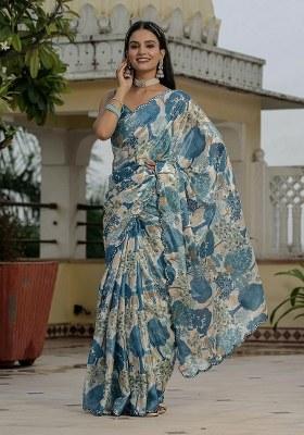 Blue Printed Chinon Saree Set