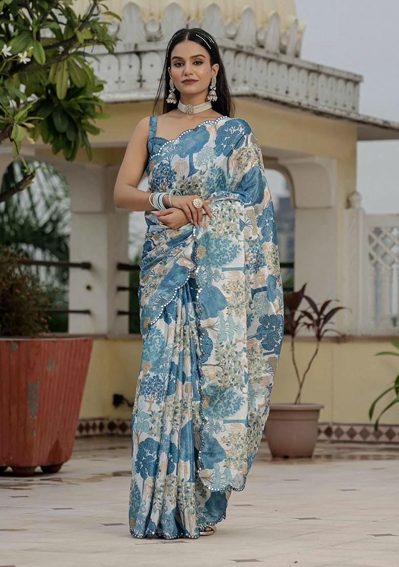 Blue Printed Chinon Saree Set - Indya