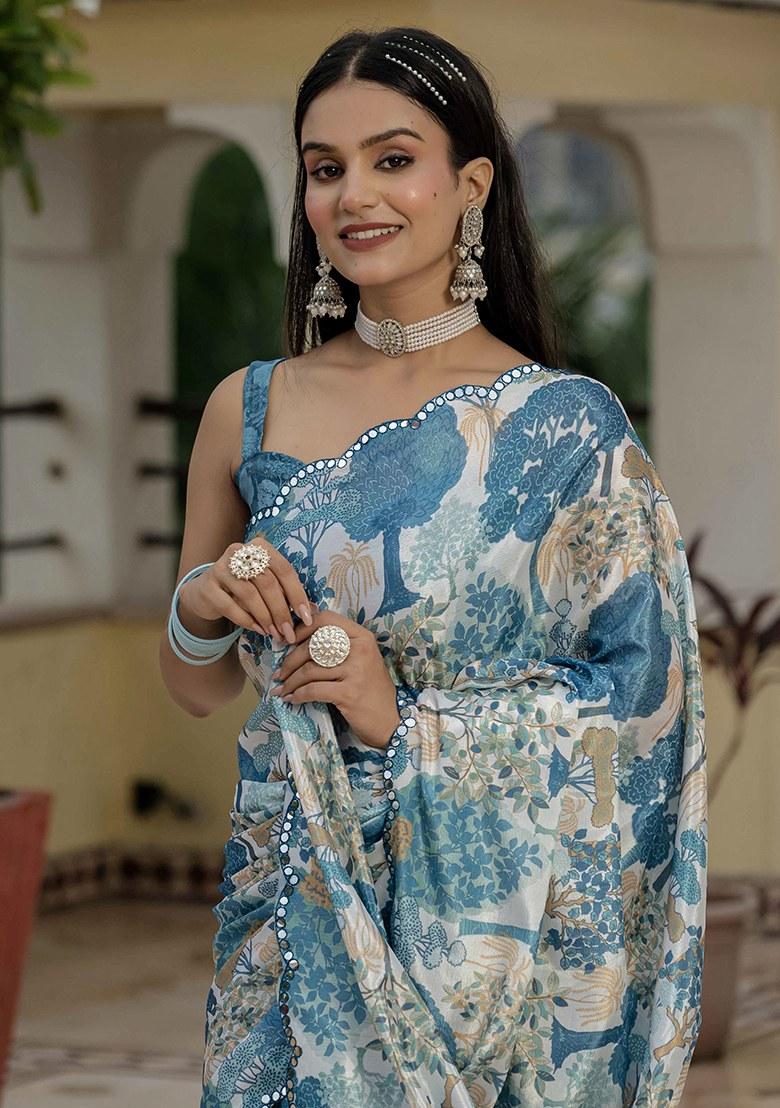 Blue Printed Chinon Saree Set - Indya