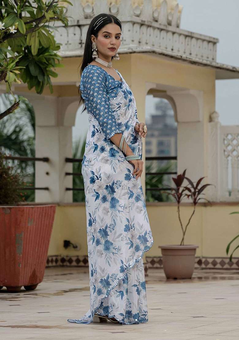 White Chinon Saree Set with Printed for Diwali | Wedding & Festive Wear - Indya