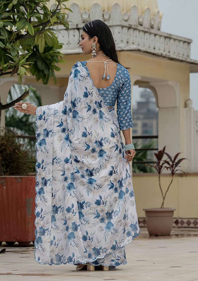 White Chinon Saree Set with Printed for Diwali | Wedding & Festive Wear - Indya