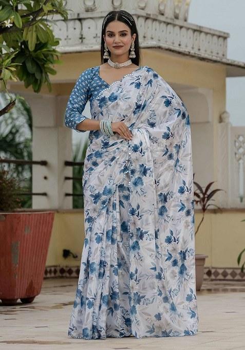 White Printed Chinon Saree Set