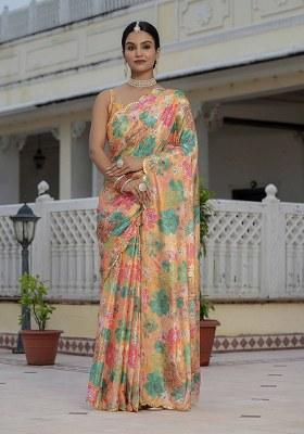 Orange Printed Chinon Saree Set