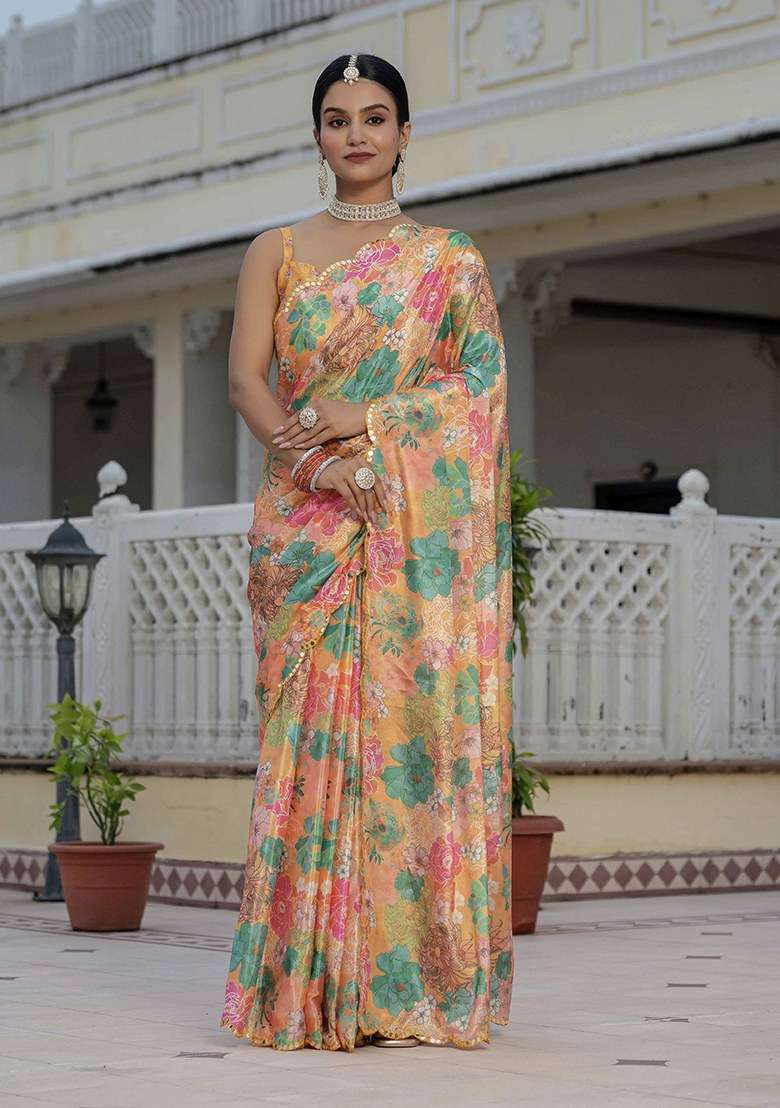 Orange Printed Chinon Saree Set for Diwali and Festive Wear - Indya