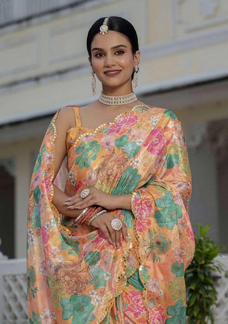 Orange Printed Chinon Saree Set for Diwali and Festive Wear - Indya