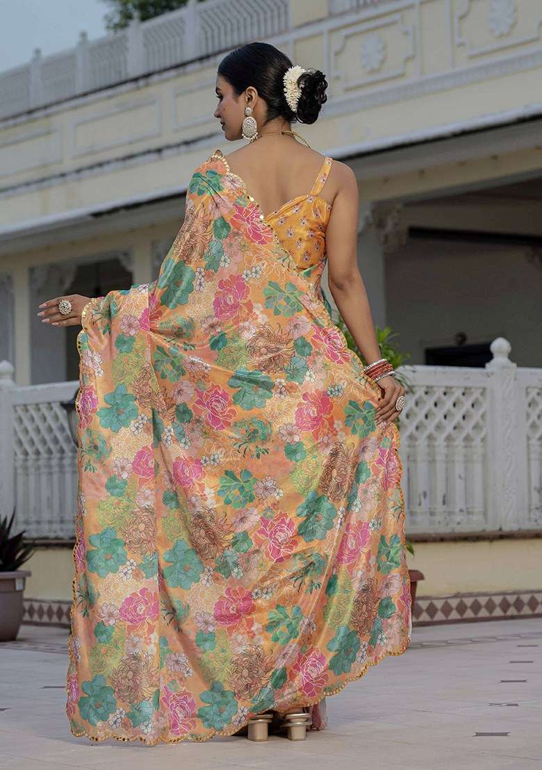 Orange Printed Chinon Saree Set for Diwali and Festive Wear - Indya
