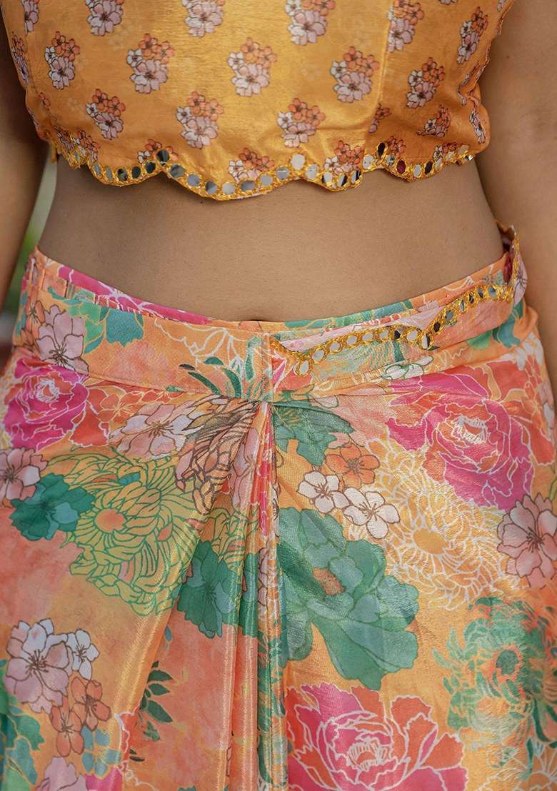 Orange Printed Chinon Saree Set for Diwali and Festive Wear - Indya