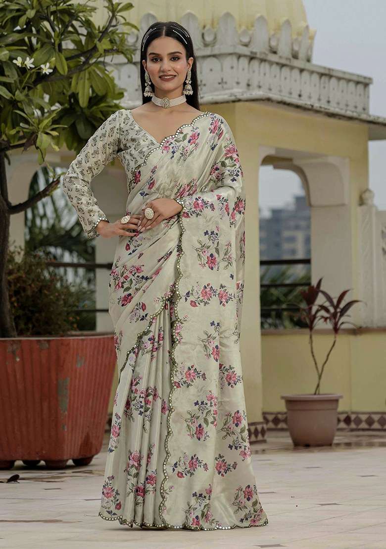 Grey Printed Chinon Saree Set for Diwali and Festive Wear - Indya