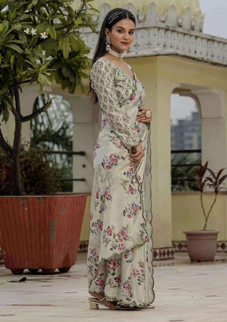 Grey Printed Chinon Saree Set for Diwali and Festive Wear - Indya