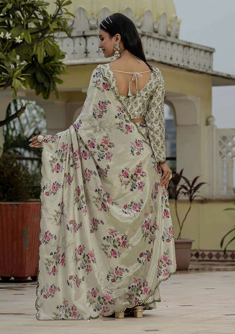Grey Printed Chinon Saree Set for Diwali and Festive Wear - Indya