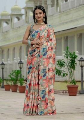 Green Printed Chinon Saree Set