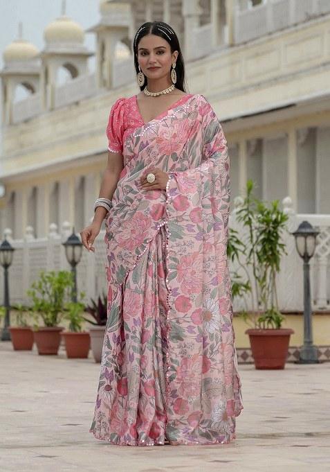 Pink Printed Chinon Saree Set
