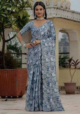 Grey Printed Chinon Saree Set