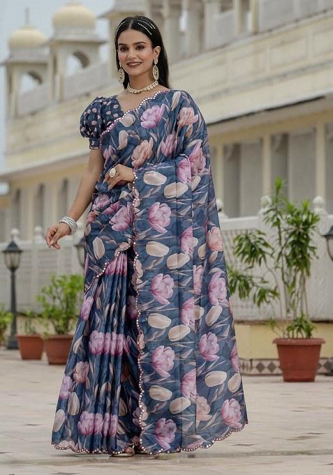 Blue Printed Chinon Saree Set