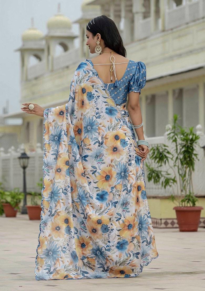 Multi Printed Chinon Saree Set