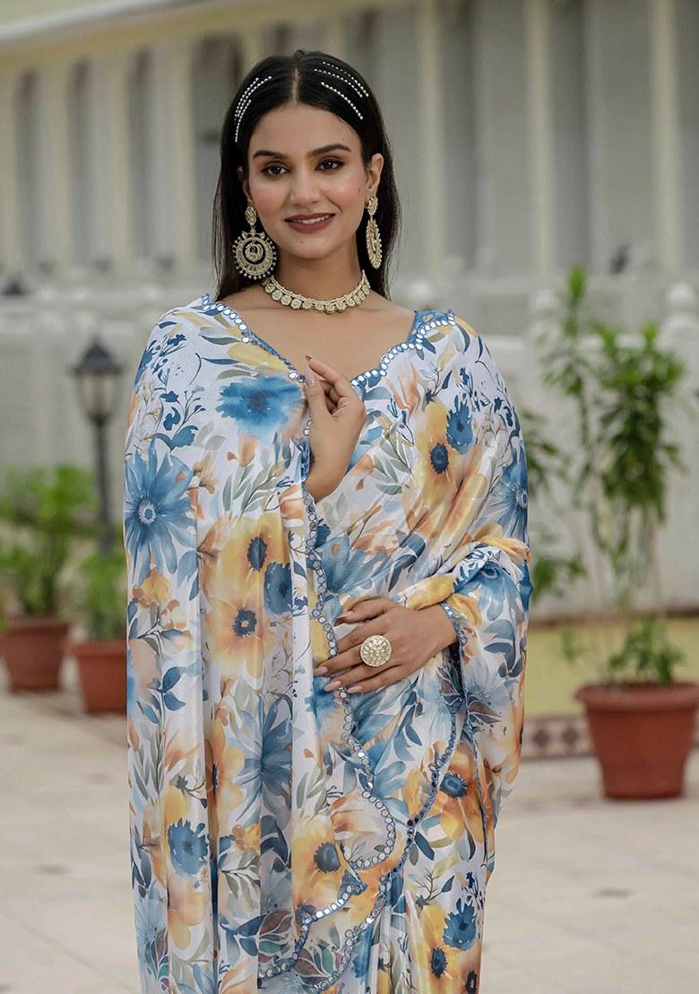 Multi Printed Chinon Saree Set