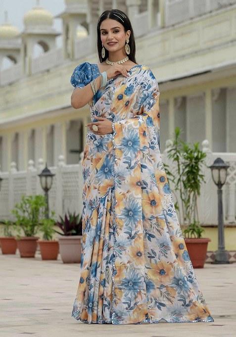 Multi Printed Chinon Saree Set