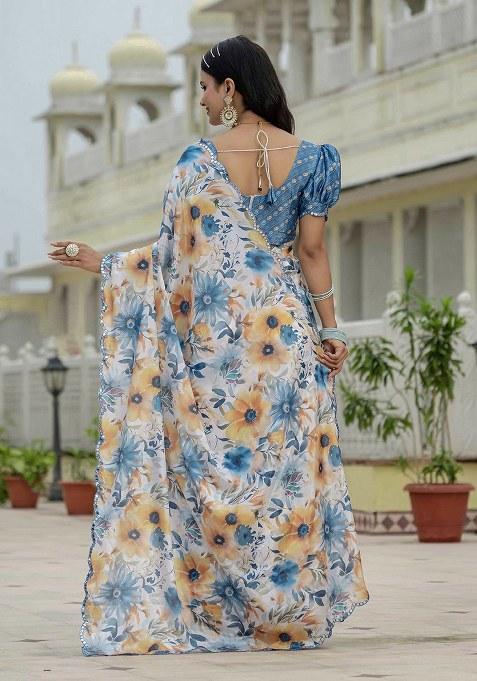 Multi Printed Chinon Saree Set