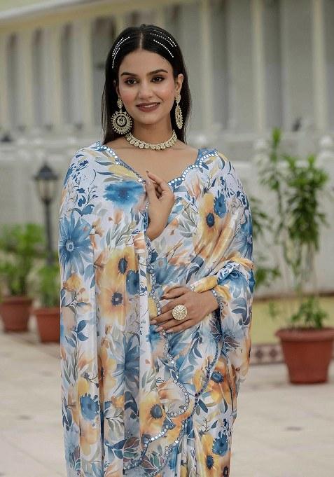 Multi Printed Chinon Saree Set