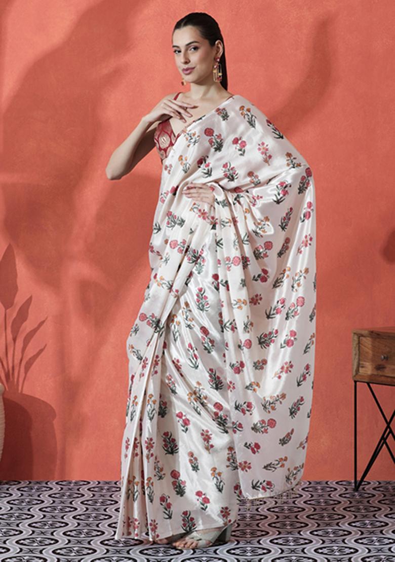 Cream Printed Chinon Saree Set - Indya