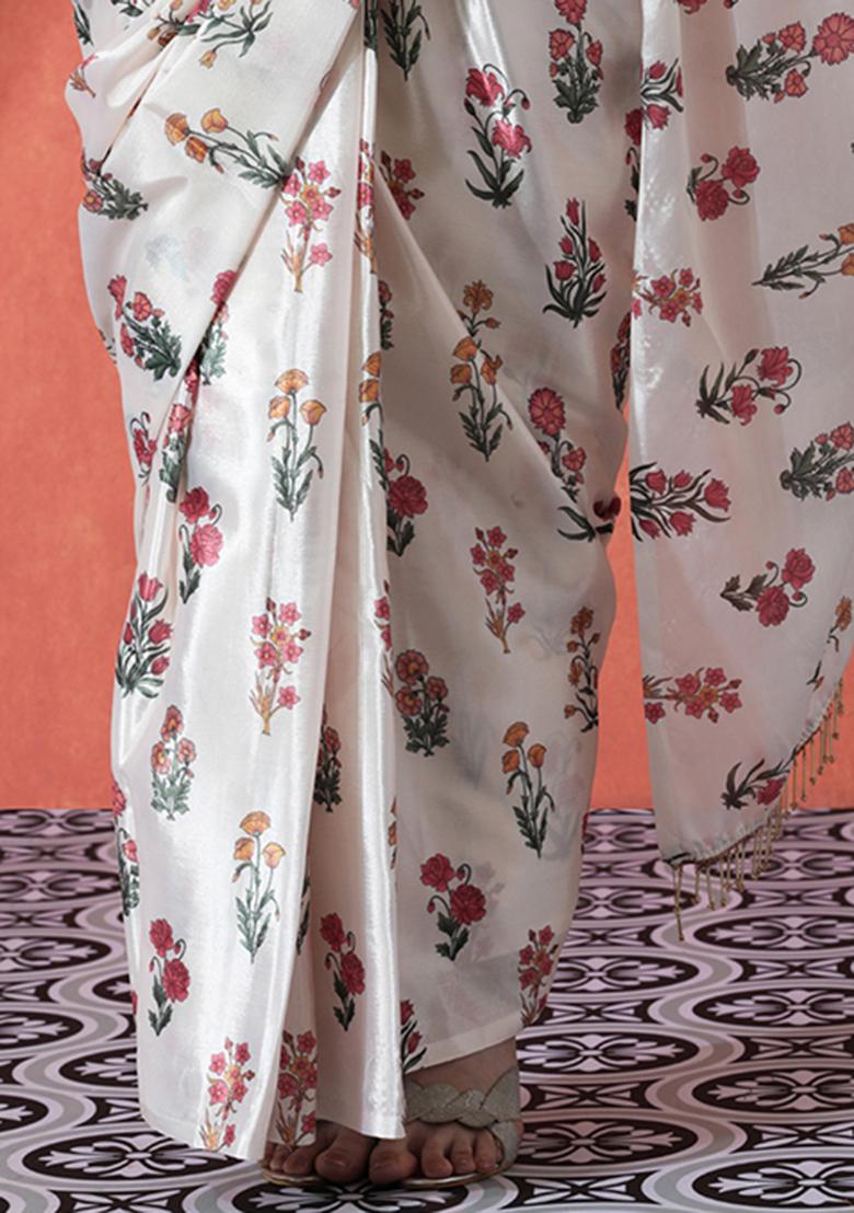 Cream Printed Chinon Saree Set - Indya
