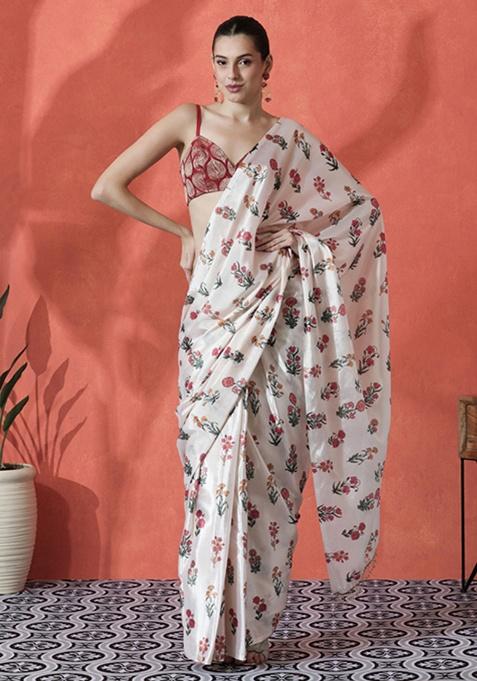 Cream Printed Chinon Saree Set