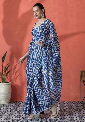 Blue Printed Chinon Saree Set