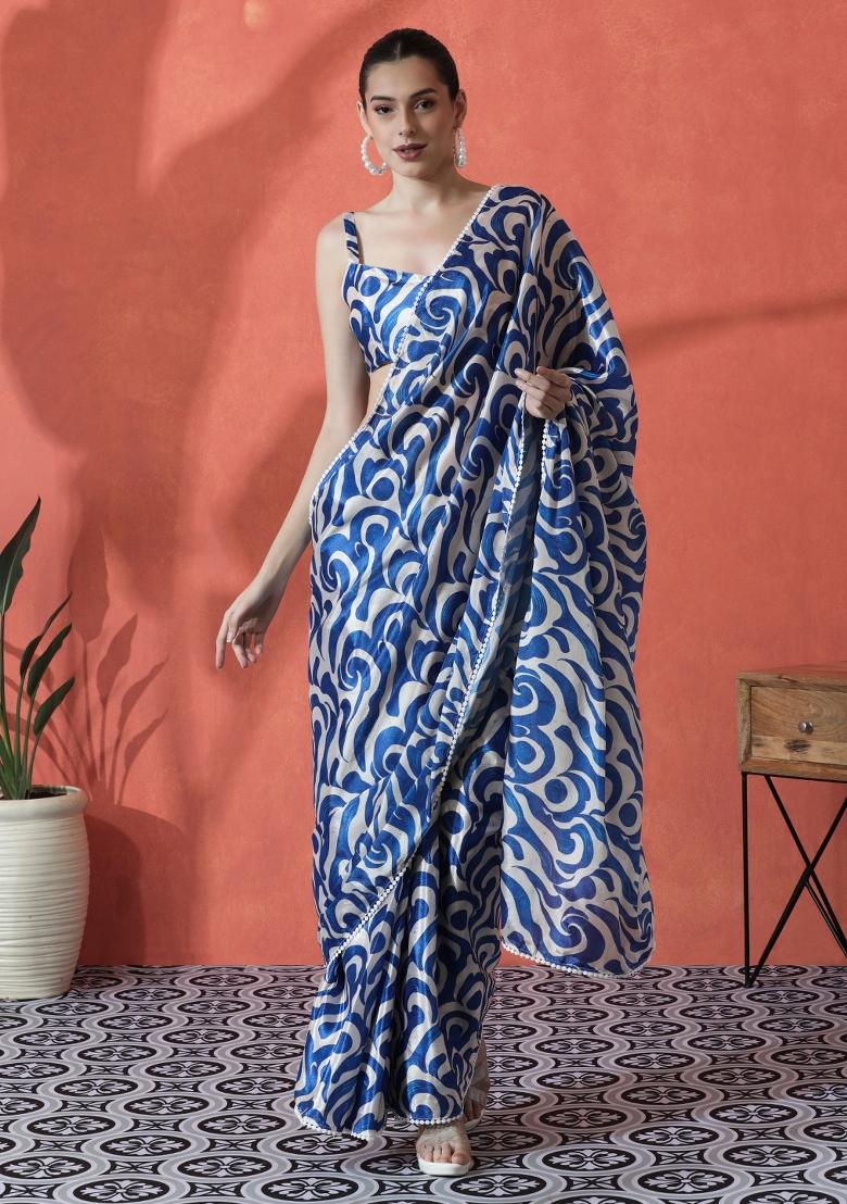 Blue Printed Chinon Saree Set - Indya