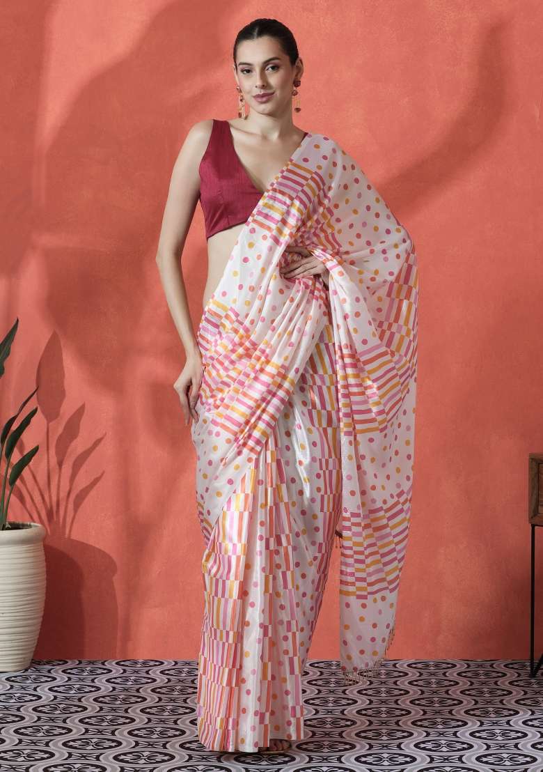 Off White Chinon Saree Set with Printed for Diwali | Wedding & Festive Wear - Indya