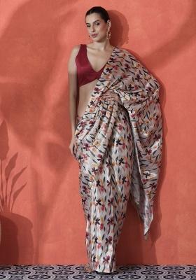 Beige Printed Chinon Saree Set