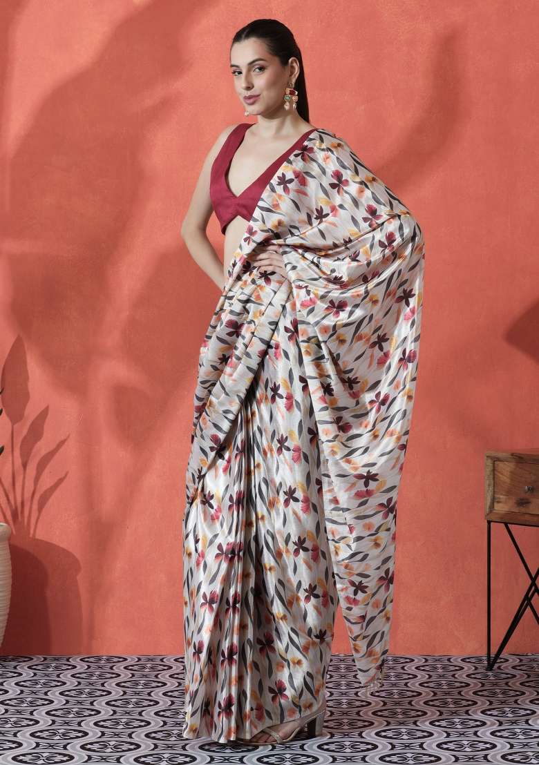 Beige Printed Chinon Saree Set for Diwali and Festive Wear - Indya