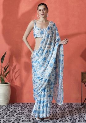 Blue Printed Chinon Saree Set
