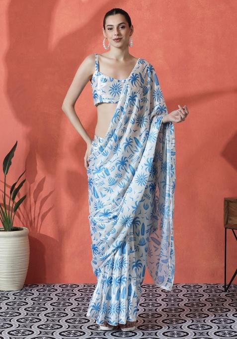 Blue Printed Chinon Saree Set