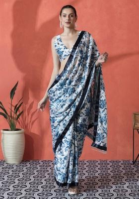 Blue Printed Chinon Saree Set