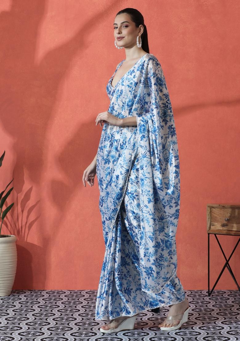 Blue Printed Chinon Saree Set - Indya