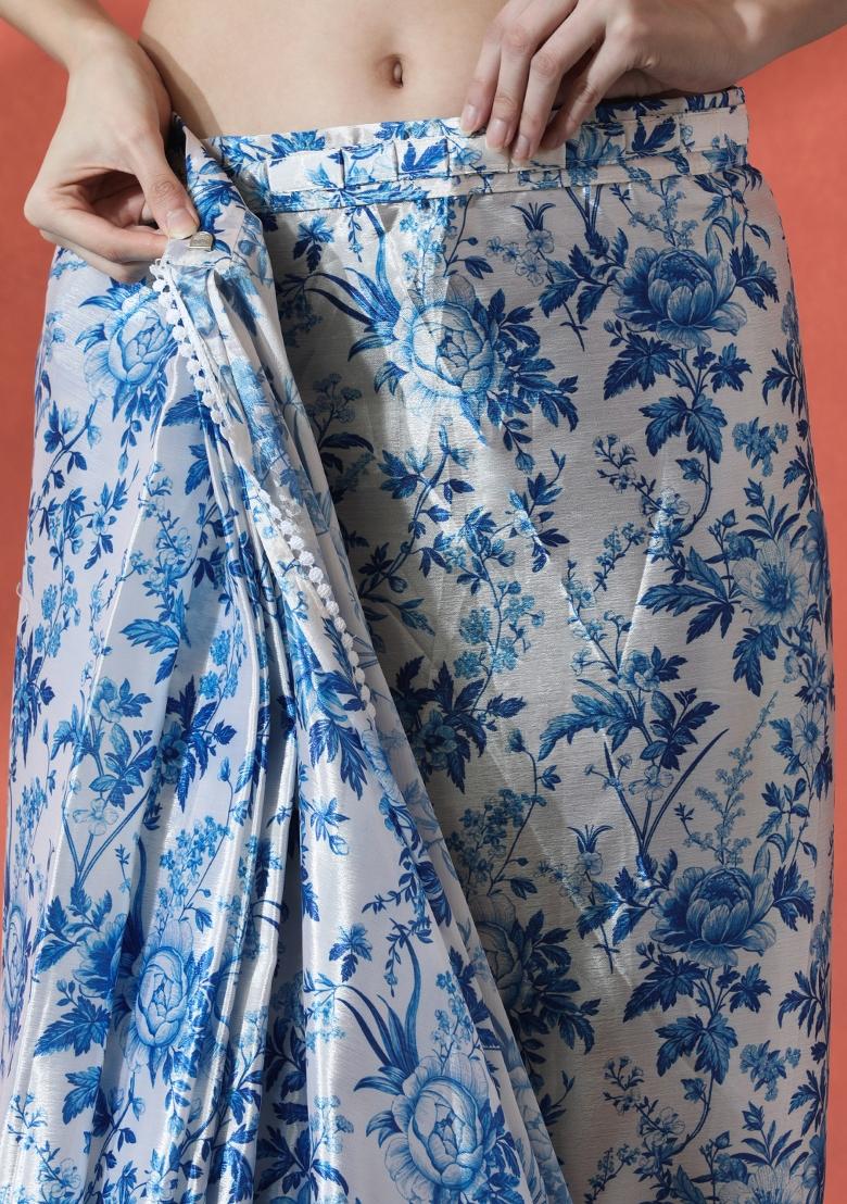 Blue Printed Chinon Saree Set - Indya