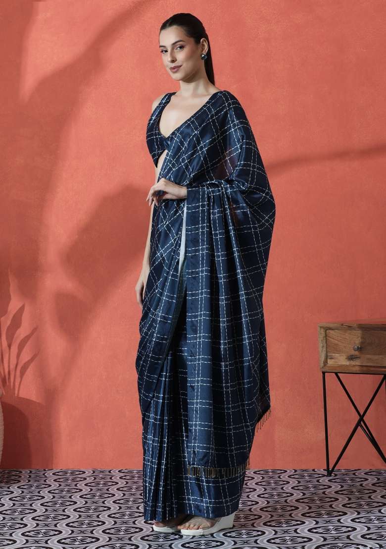 Navy Blue Printed Chinon Saree Set for Diwali and Festive Wear - Indya