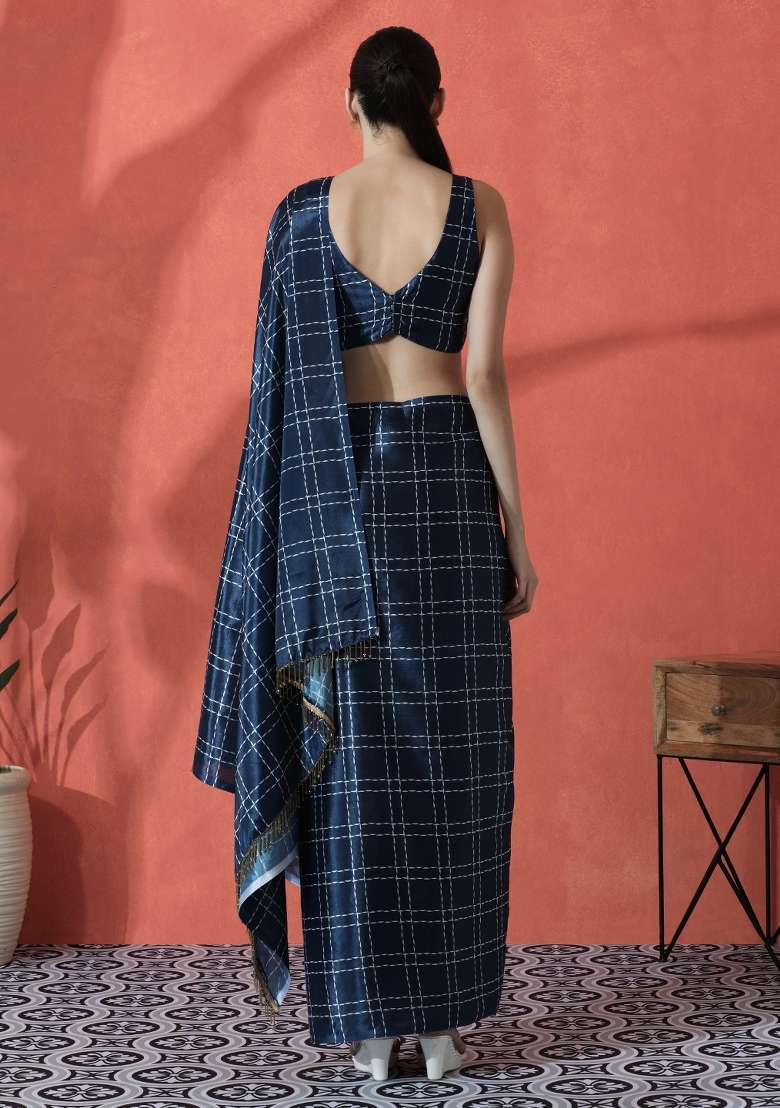 Navy Blue Printed Chinon Saree Set for Diwali and Festive Wear - Indya