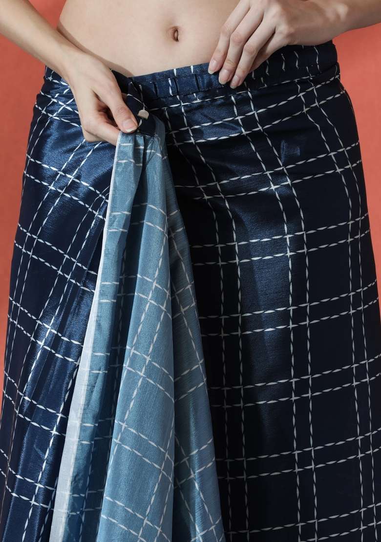Navy Blue Printed Chinon Saree Set for Diwali and Festive Wear - Indya