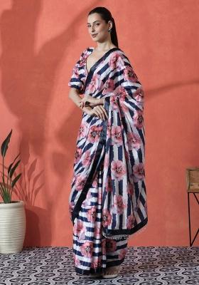 Pink Printed Chinon Saree Set