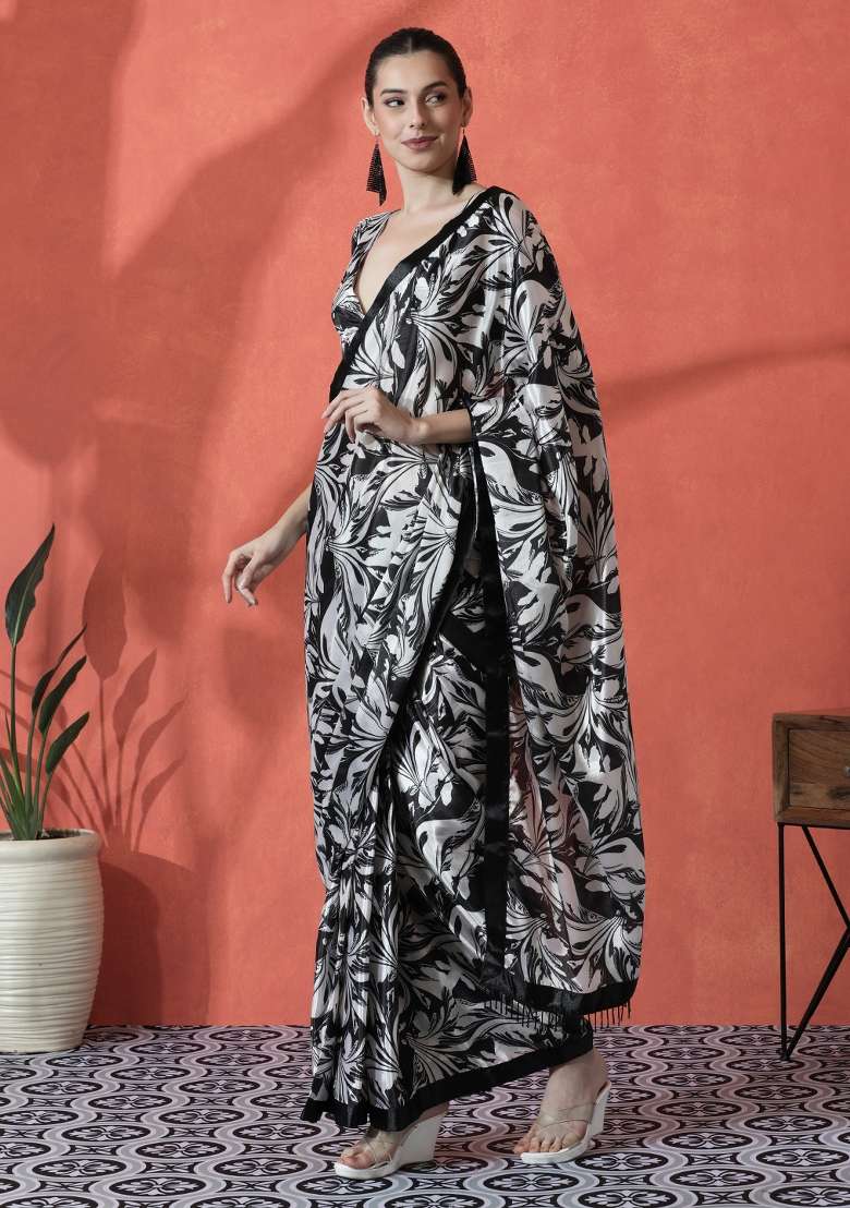 Black Printed Chinon Saree Set for Diwali and Festive Wear - Indya