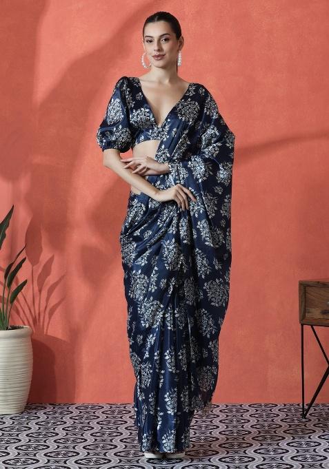 Black Printed Chinon Saree Set